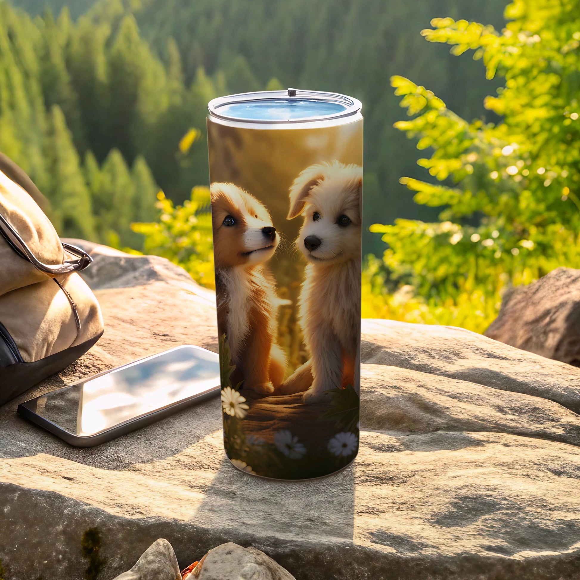 Adorable Puppies Floral Design Tumbler product type
Puppy tumbler, Cute puppy, Dog design, Animal print, Pet lover gift, Travel tumbler, Insulated mug, Beverage holder, Nature theme, Forest scene, Mountain view, Outdoor gear, Adventure travel, Doggie friends, Canine art, Floral pattern, Flower graphic, White daisies, Puppy illustration, Tumbler gift