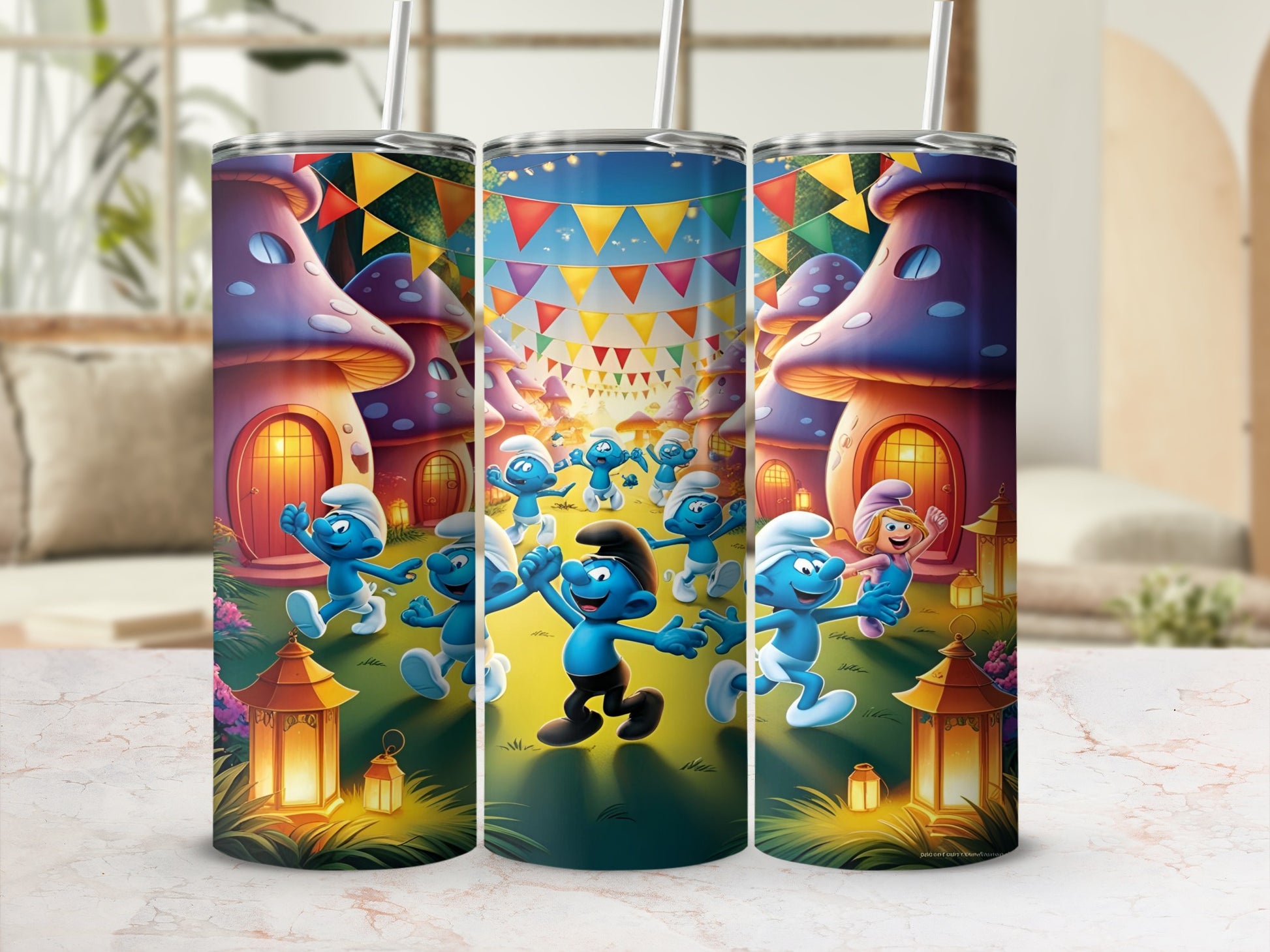 Smurfs celebrating in a village with mushroom houses and colorful flags.