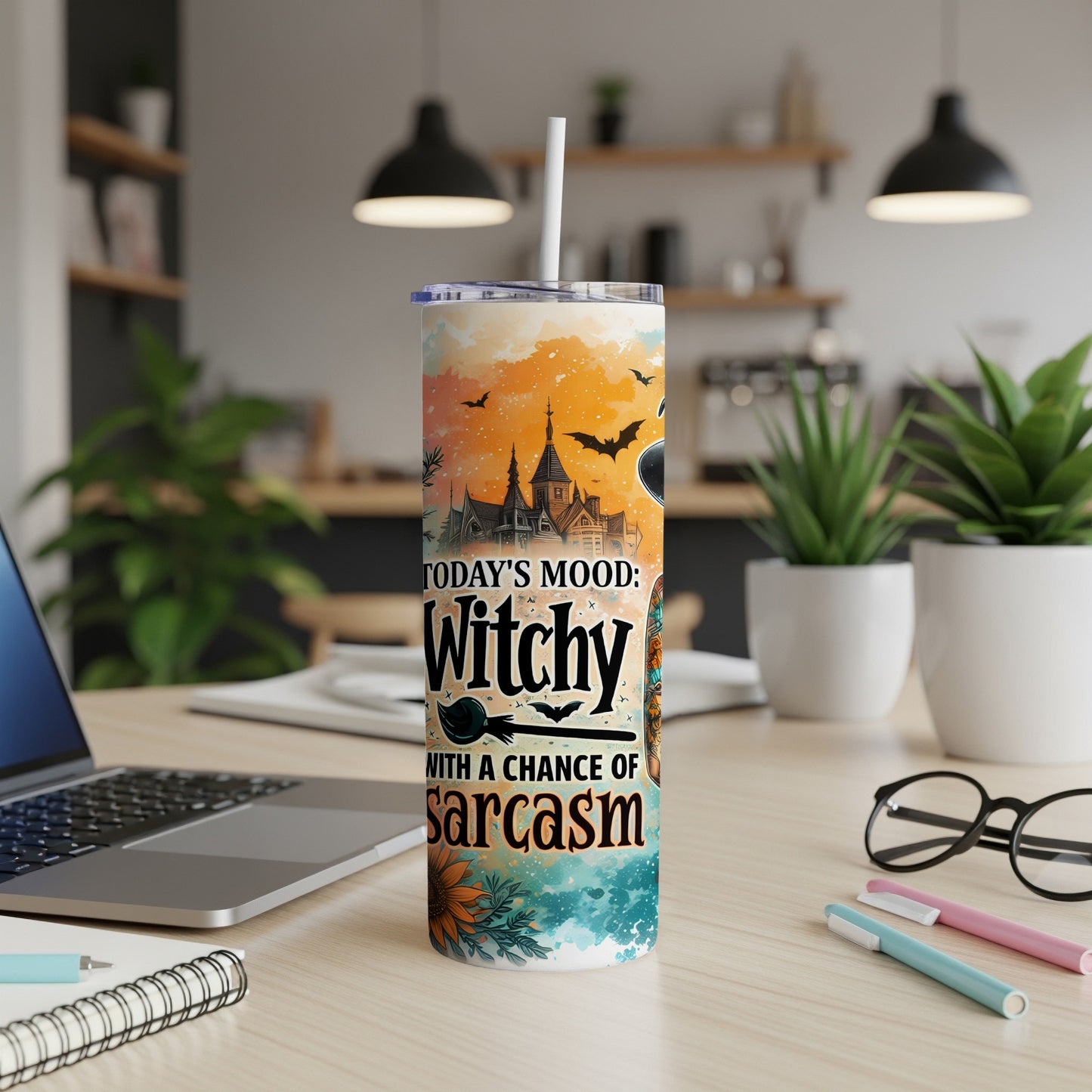 Tumbler with "Today's Mood: Witchy with a Chance of Sarcasm" Halloween design.