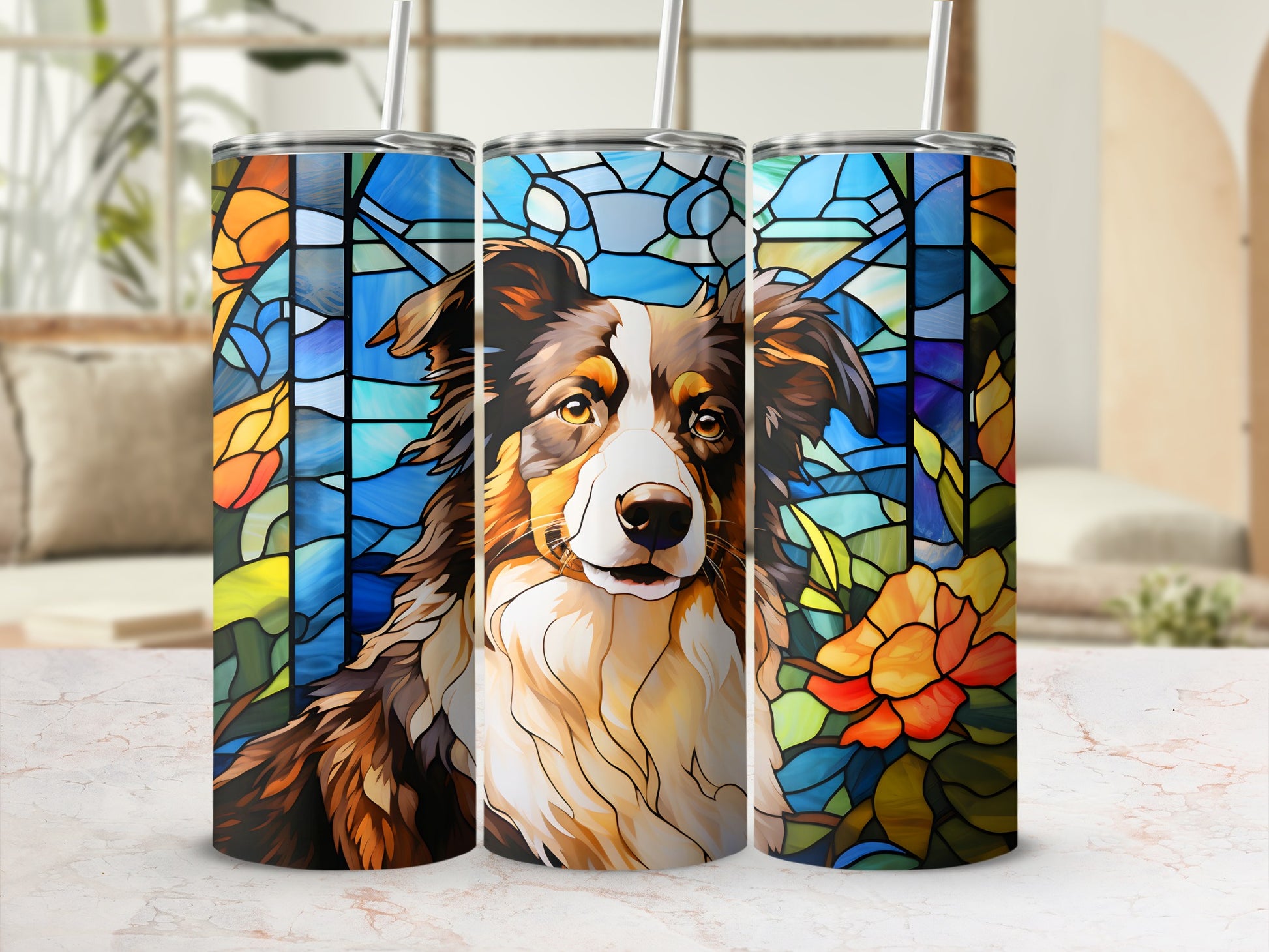 Stained glass tumbler with Border Collie portrait and floral accents.