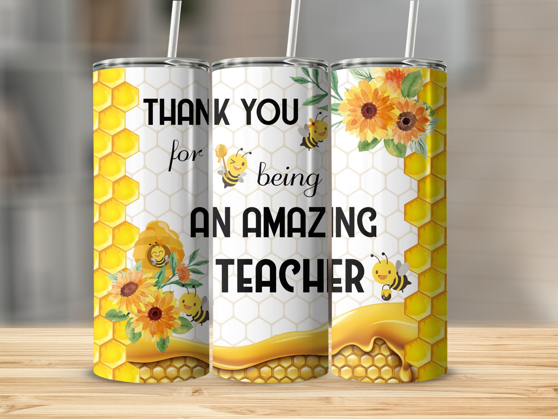 Tumbler with bees, sunflowers, honeycomb, and text "Thank you for being an amazing teacher."