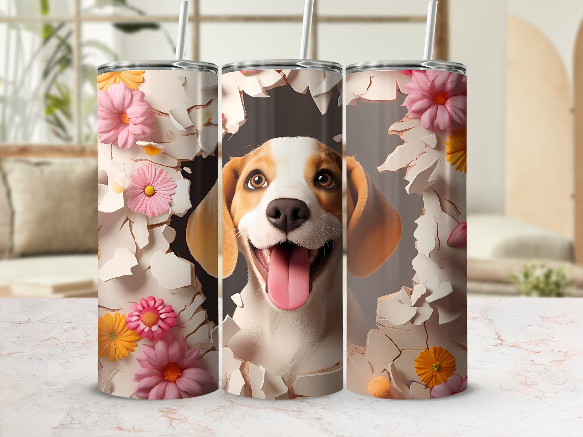 Joyful Puppy Bursting Floral Cracked Wall Design product type
dog
puppy
beagle
pet
canine
dog lover
floral
flowers
spring
cute dog
happy dog
cracked design
unique tumbler
drinkware
gift idea
animal print
summer vibes
playful dog
aesthetic design
pet parent