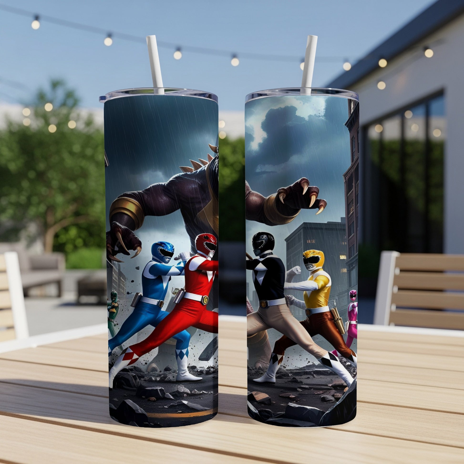 Power Rangers fighting a monster on a tumbler.
