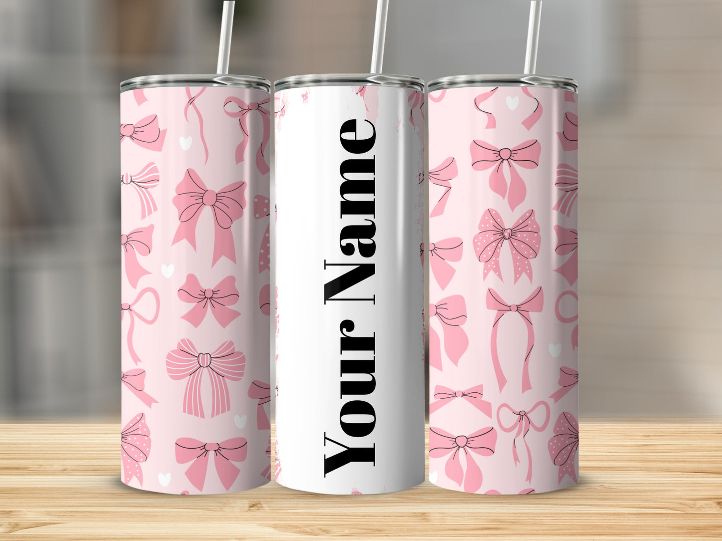 Personalized Pink Bow Pattern with Custom Name Tumbler