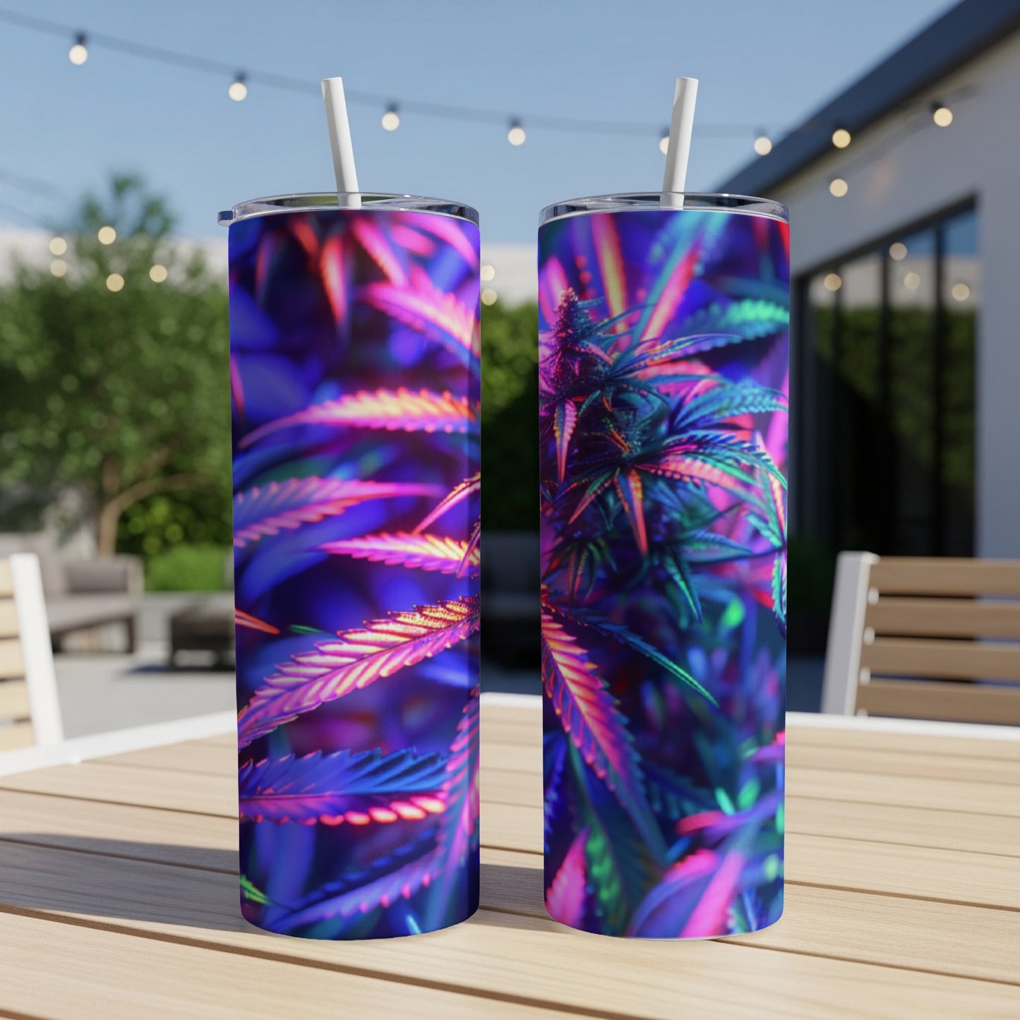 Two neon-lit cannabis plants on tumblers sit on a wooden table.