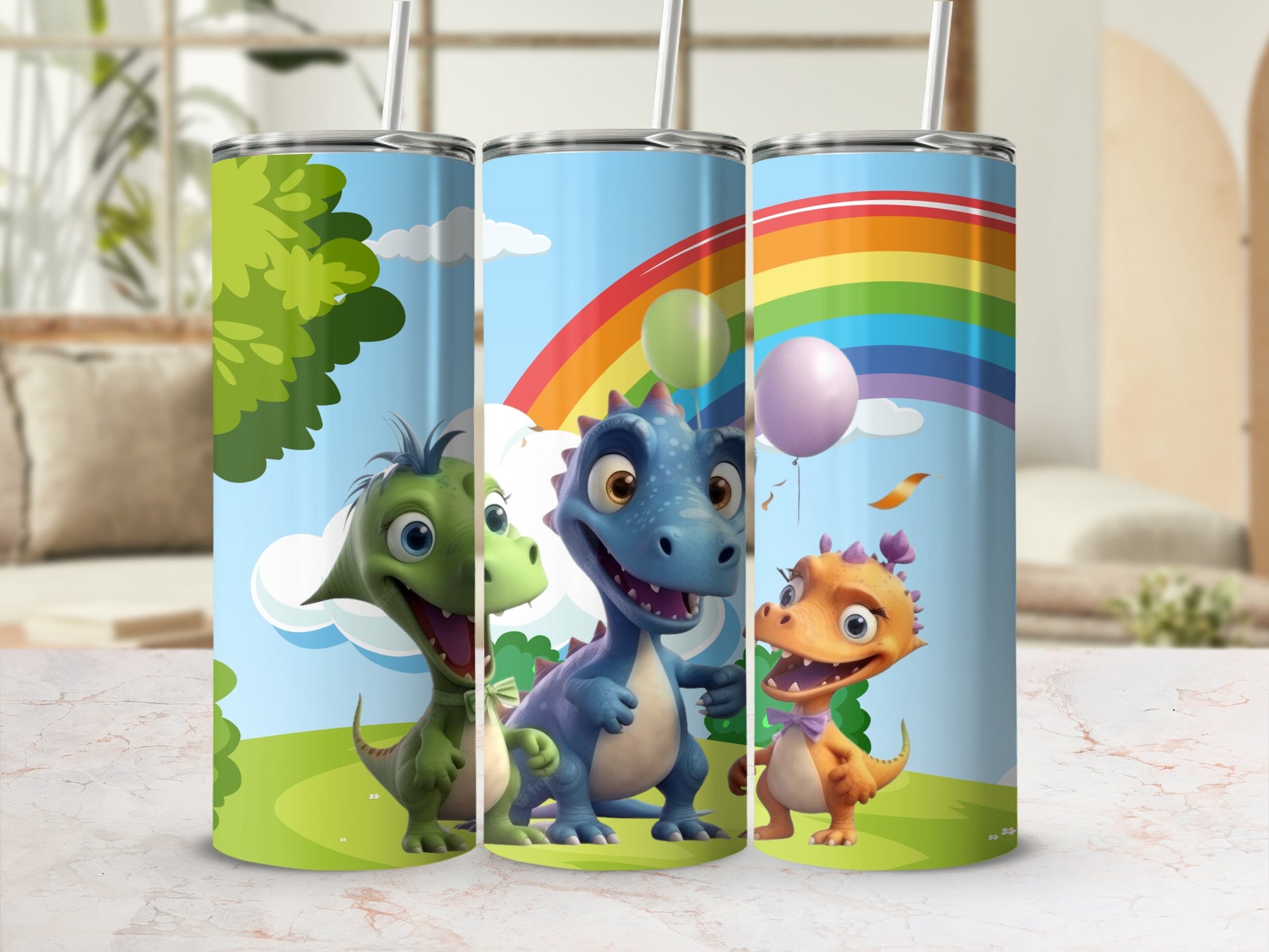 Cute Dinosaur and Rainbow Themed Tumbler for Kids