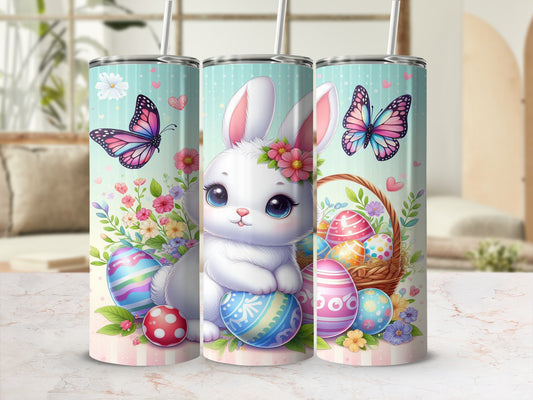 Easter bunny and colorful eggs with butterflies on a pastel background.