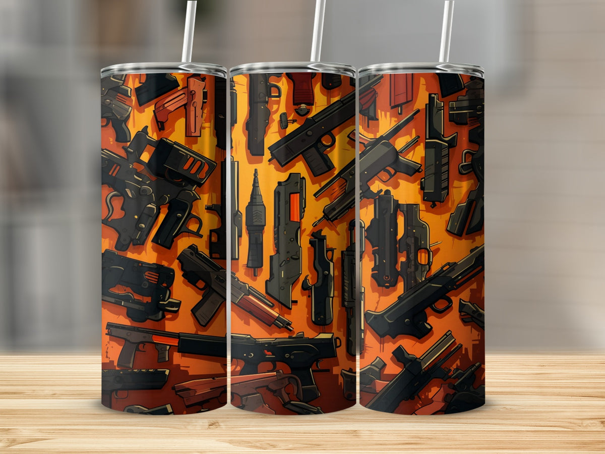 Three tumblers with a graphic design of various firearms on an orange background.