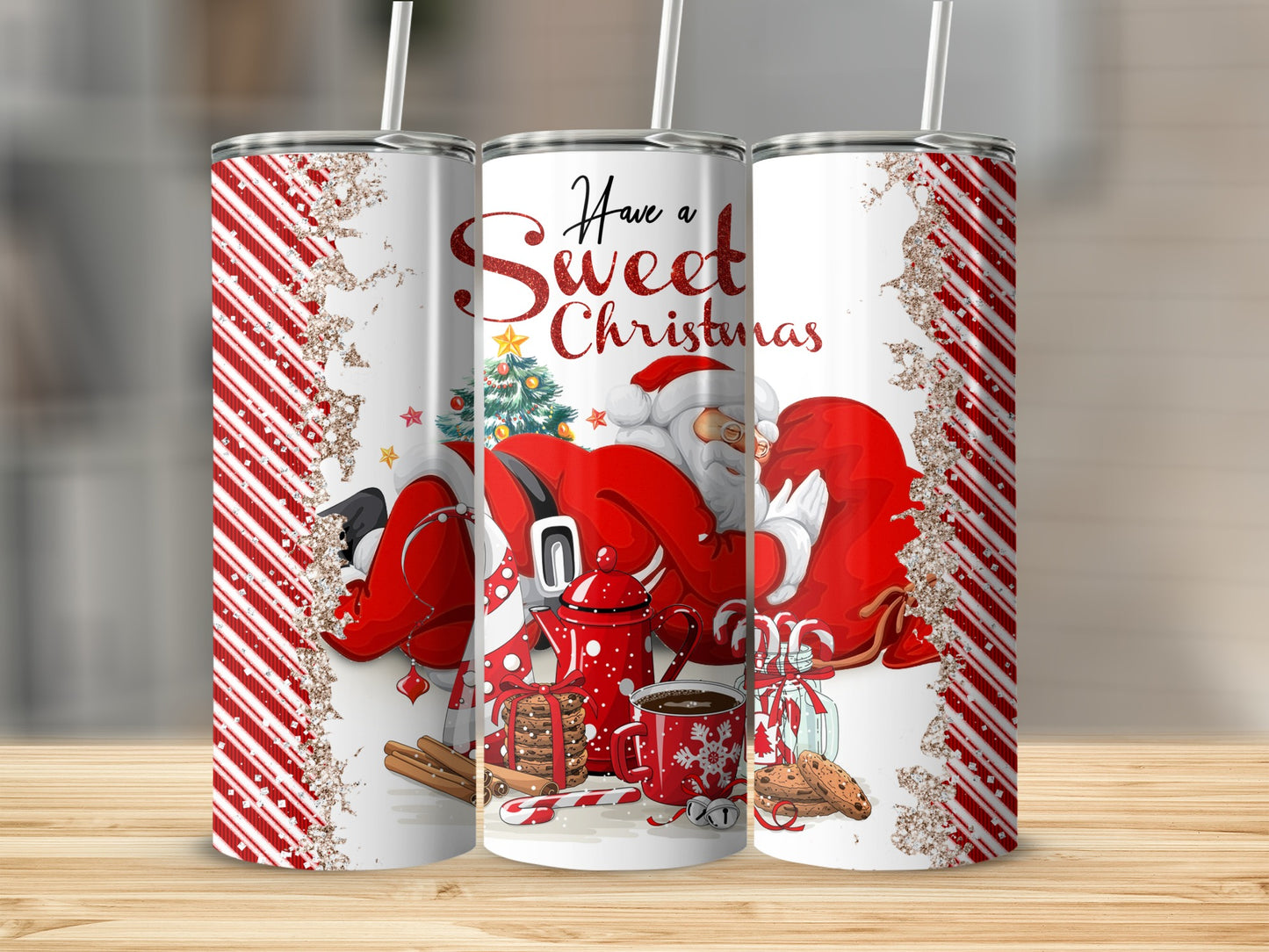 Santa Claus and Christmas treats on a tumbler with red and white stripes.