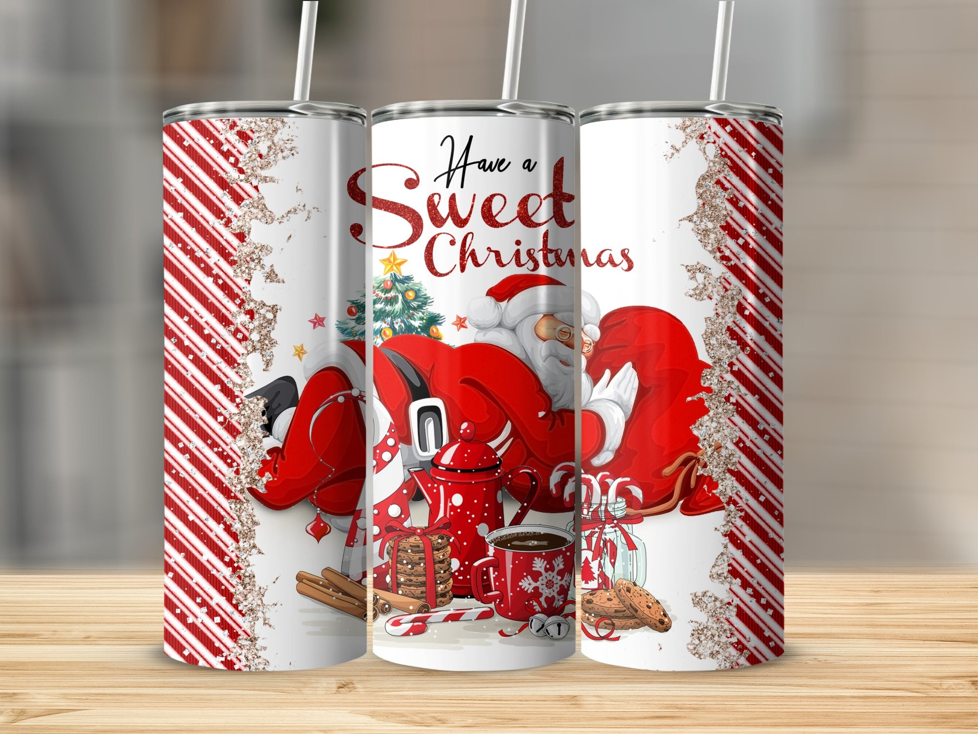 Santa Claus and Christmas treats on a tumbler with red and white stripes.