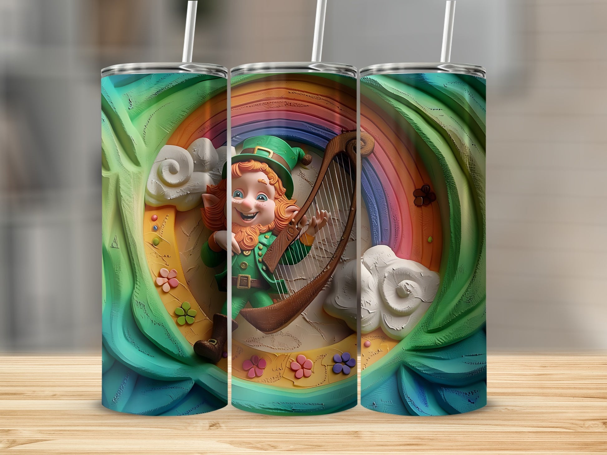 Leprechaun playing a harp on a rainbow with clouds, green, blue, and teal design.