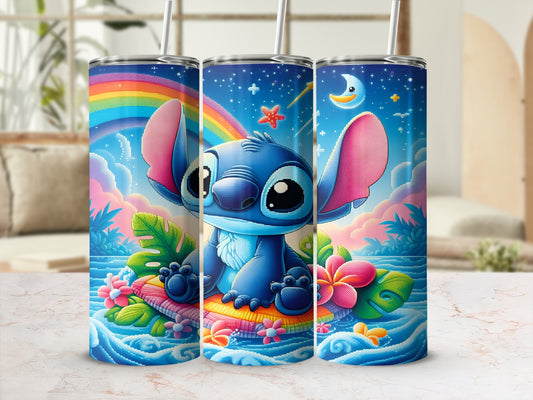 Stitch sitting on a colorful raft with a rainbow and clouds in the background.