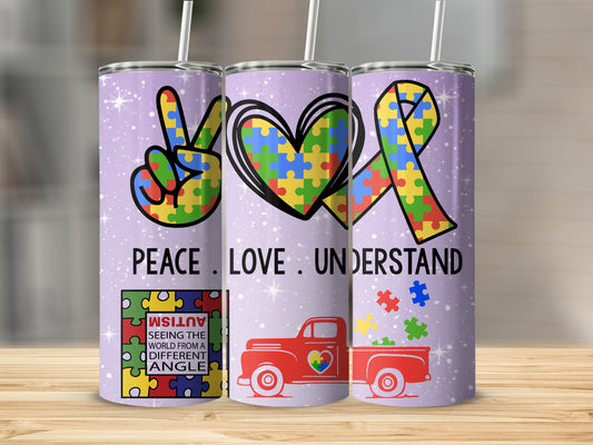 Peace Love Understand Autism Awareness Tumbler