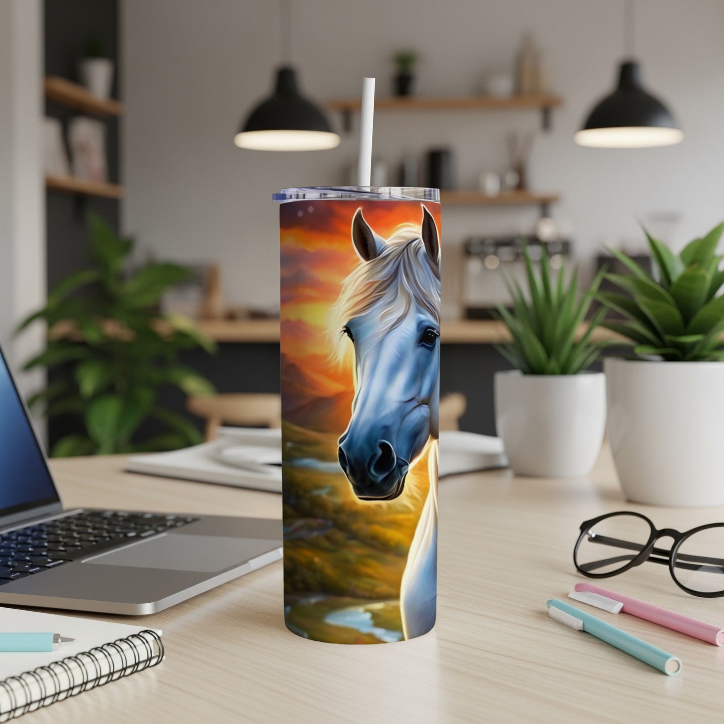 Horse's head on a colorful abstract background on a skinny tumbler.