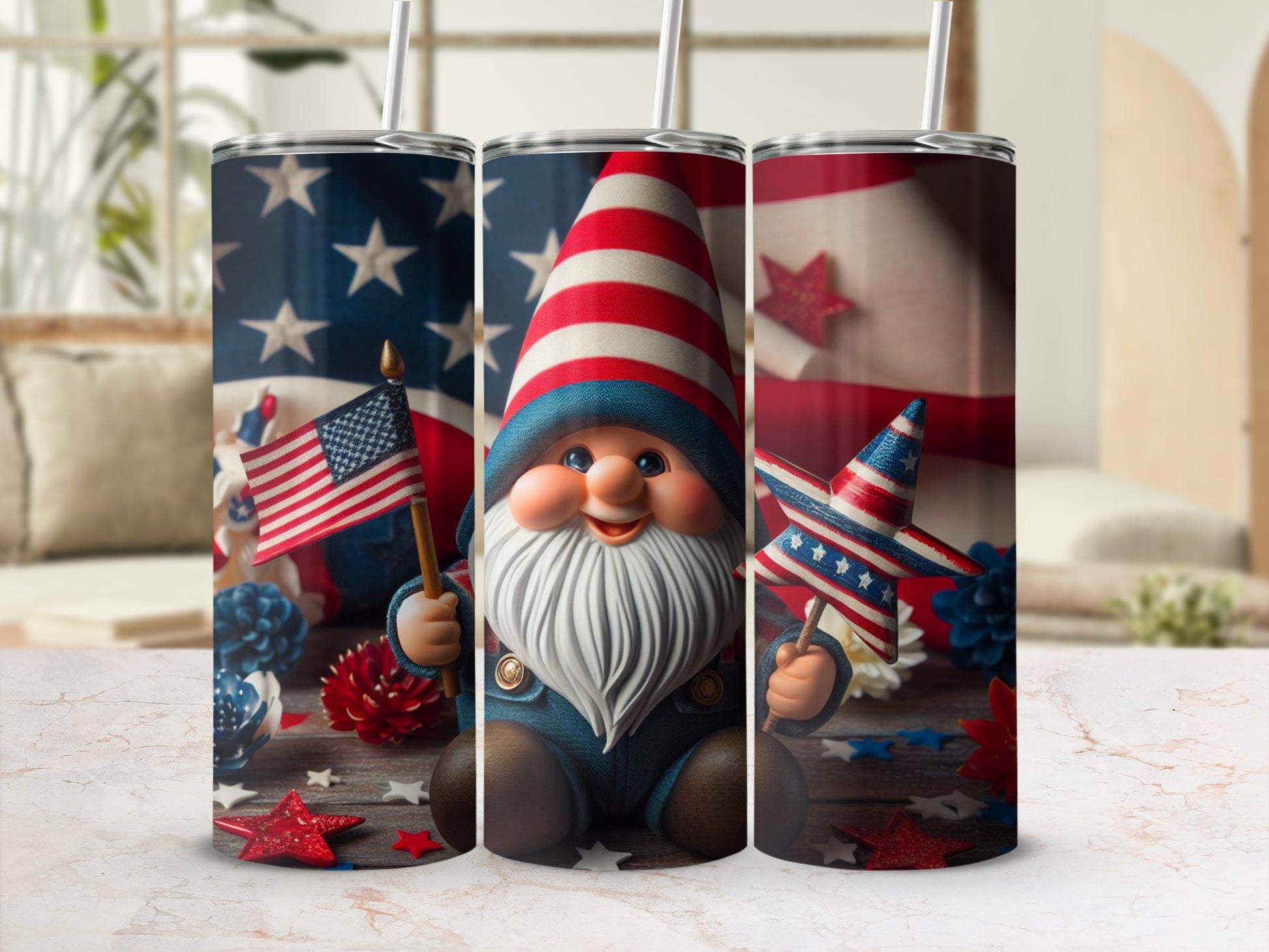Patriotic gnome with American flag and stars, on wooden surface.