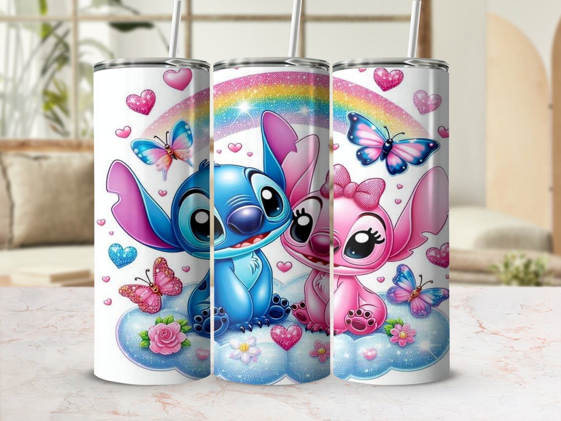 Cute Character Tumblers with Rainbow and Butterflies