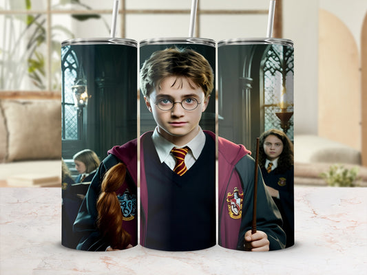 Harry Potter tumbler featuring characters Harry, Hermione, and Ron.