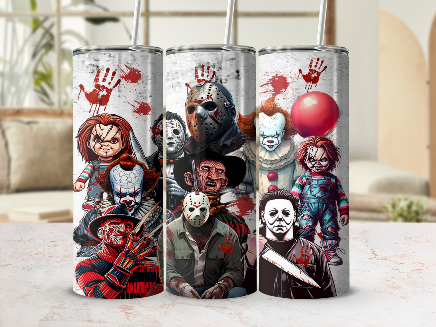 Collection of horror movie characters on a tumbler cup.
