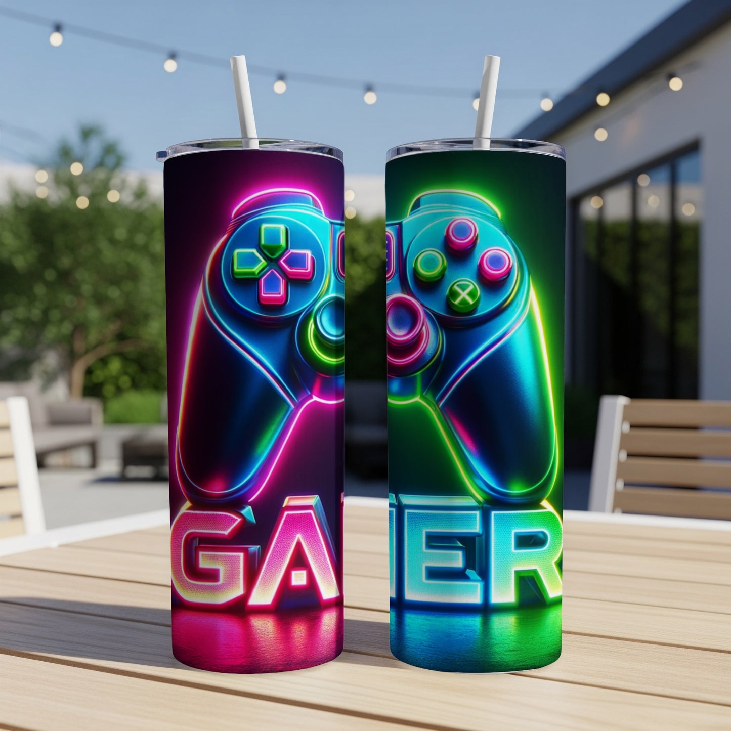 Two neon-lit game controllers with "GAMER" text.