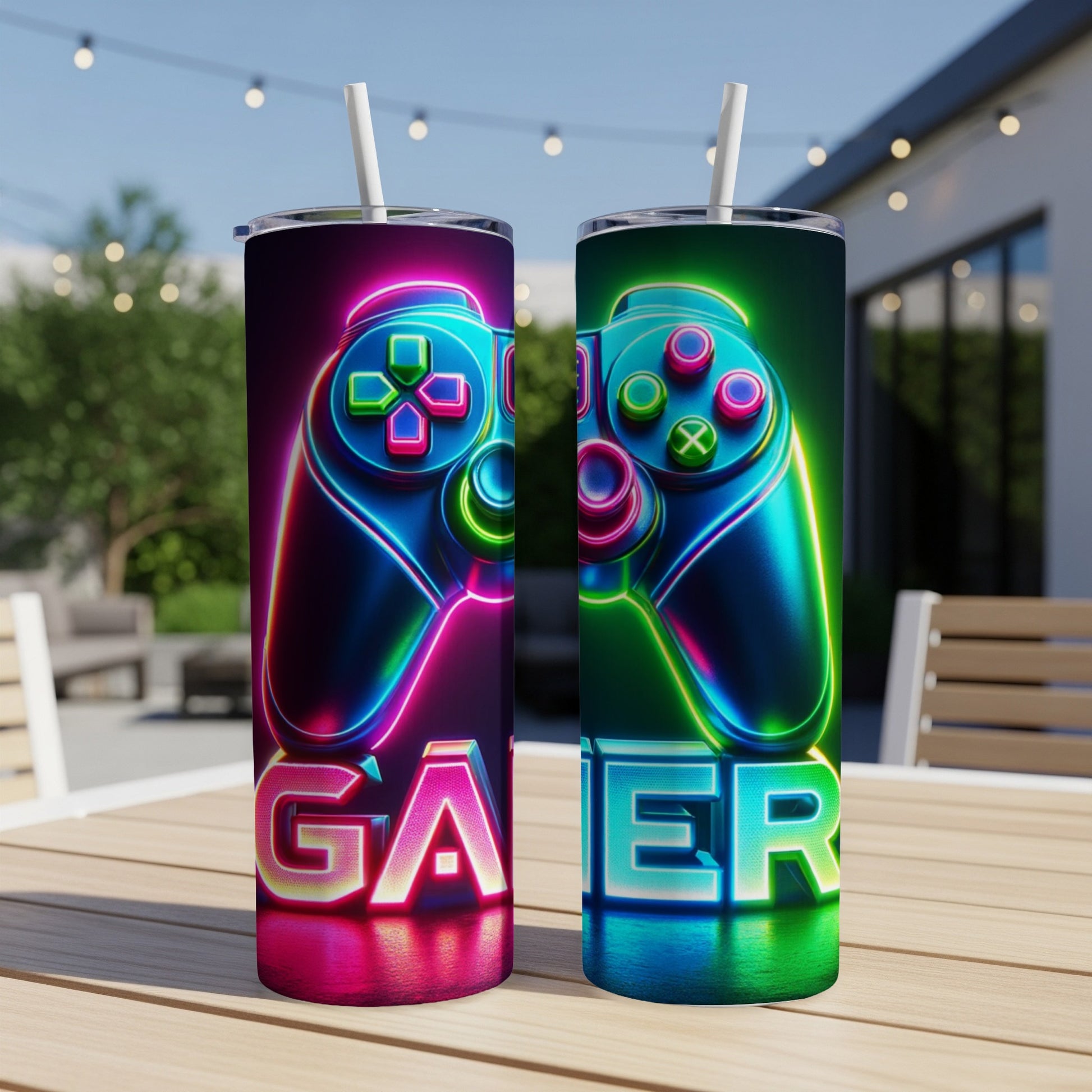 Two neon-lit game controllers with "GAMER" text.