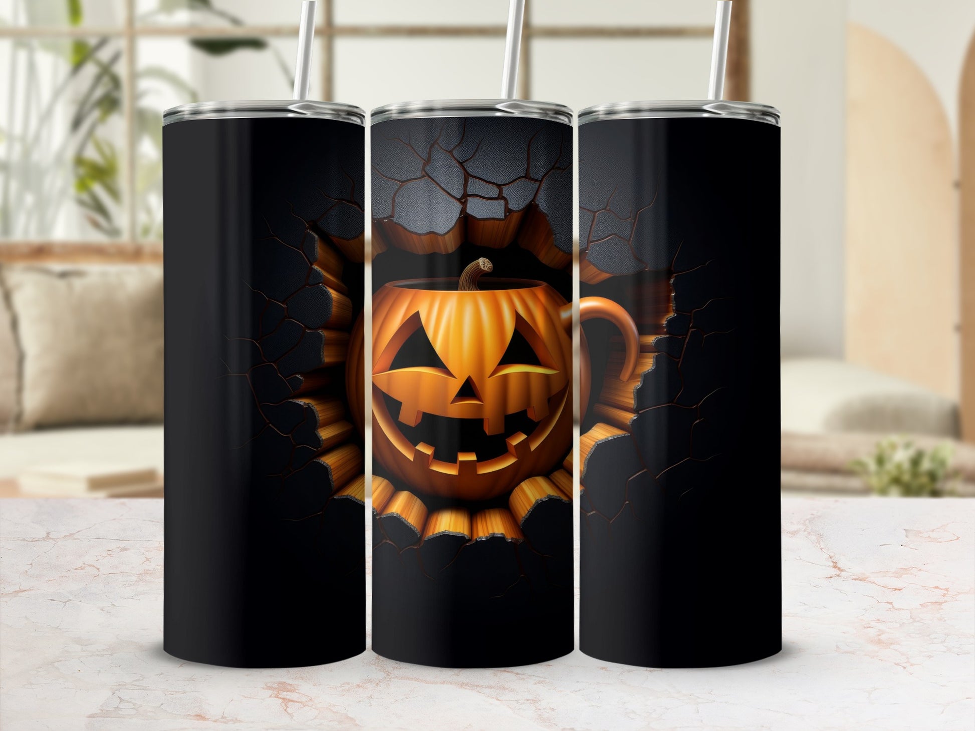 Three tumblers featuring a cracked black design with a carved jack-o'-lantern emerging.