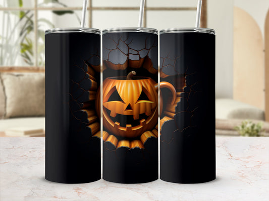 Three tumblers featuring a cracked black design with a carved jack-o'-lantern emerging.