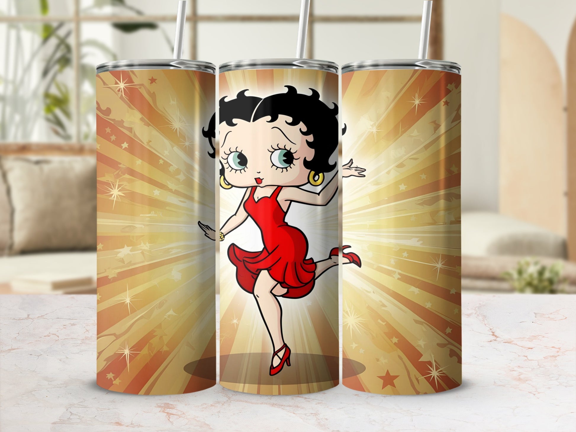 Betty Boop in a red dress dancing with starburst background on three tumblers.