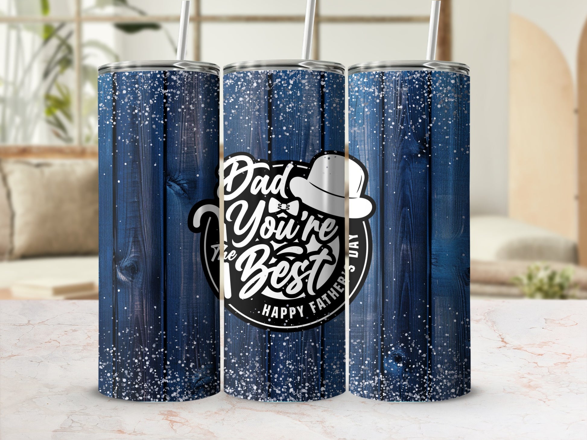 Three tumblers with a dark blue wood grain design and "Dad You're The Best" text.