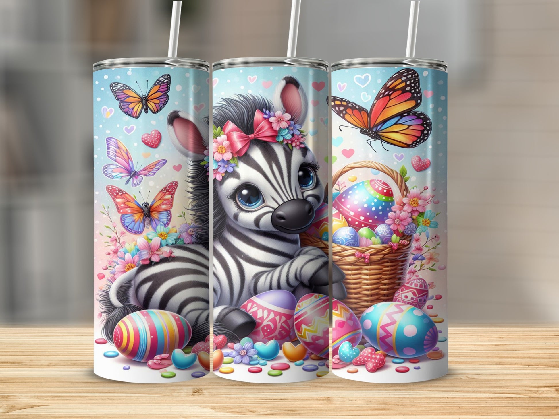 Zebra with Easter eggs and butterflies on a tumbler.
