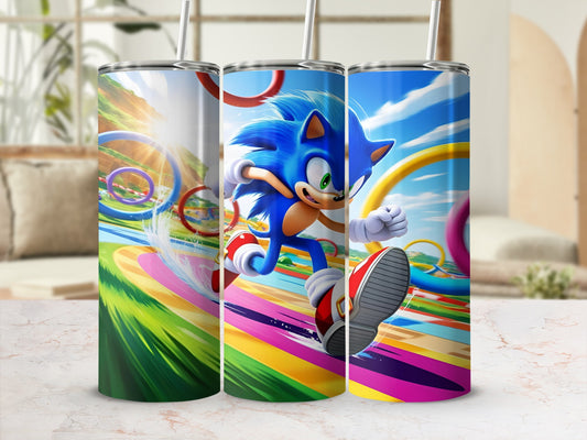 Sonic the Hedgehog running on a rainbow track with Olympic rings.