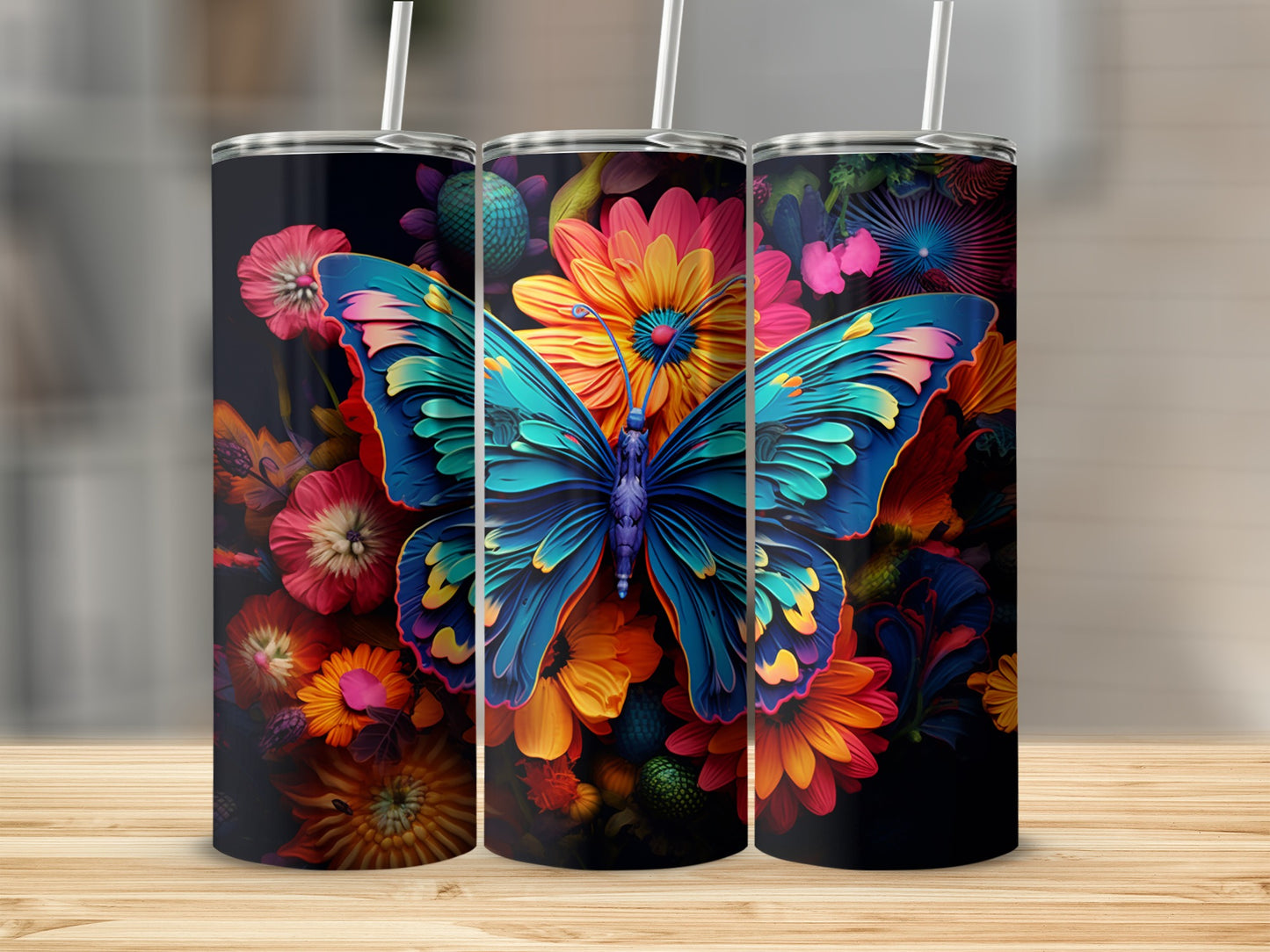 Vibrant Butterfly and Flowers Design Tumbler Product