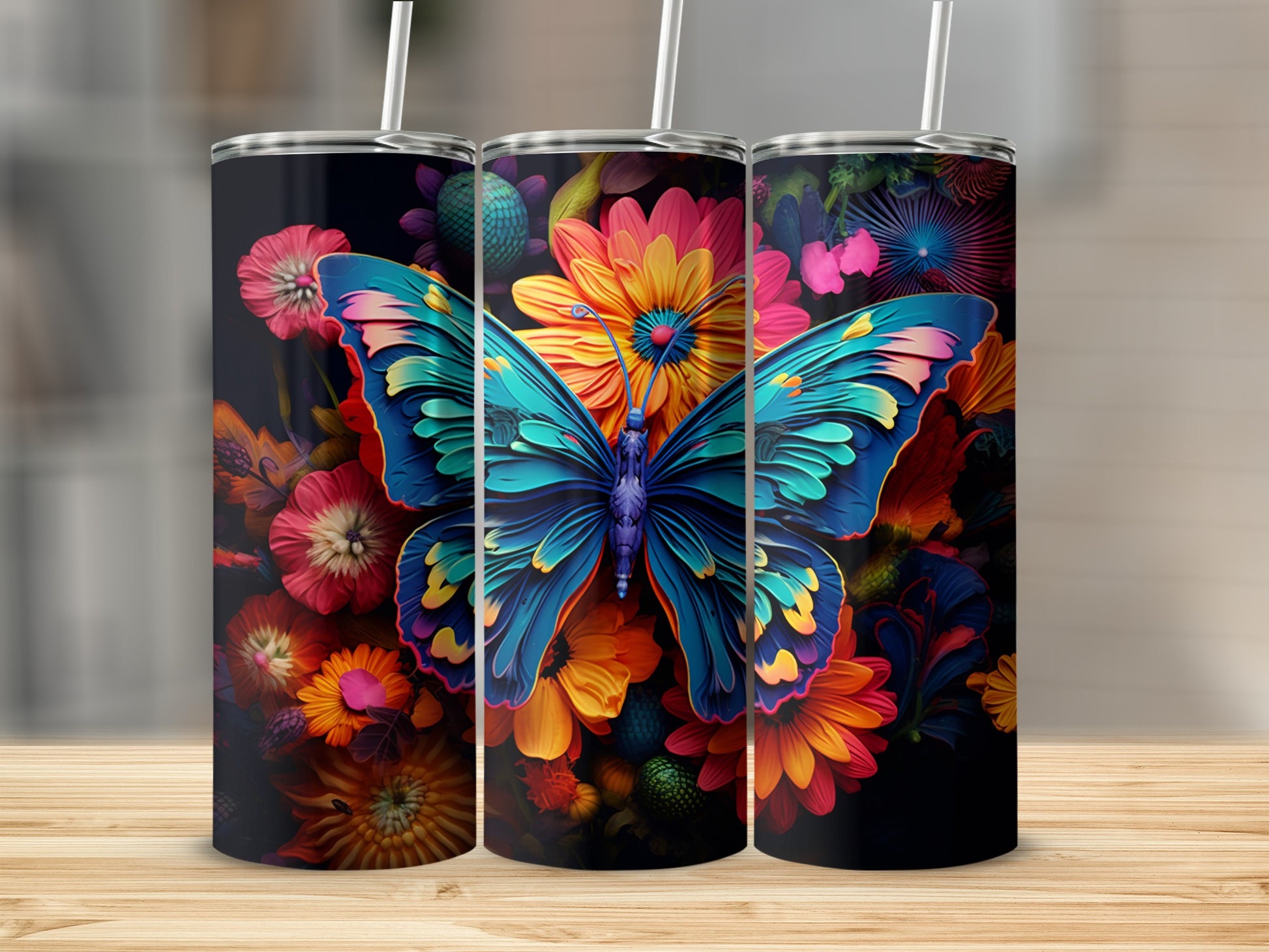 Vibrant Butterfly and Flowers Design Tumbler Product
