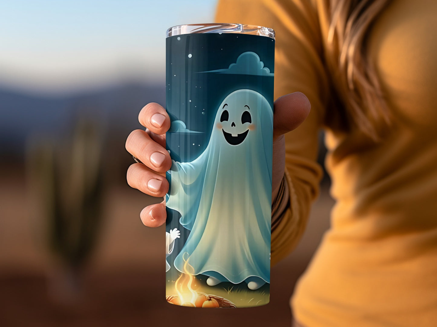Cute Ghost and Campfire Scene on Tumbler Cup