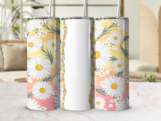 Daisy floral pattern on a white tumbler with straw.