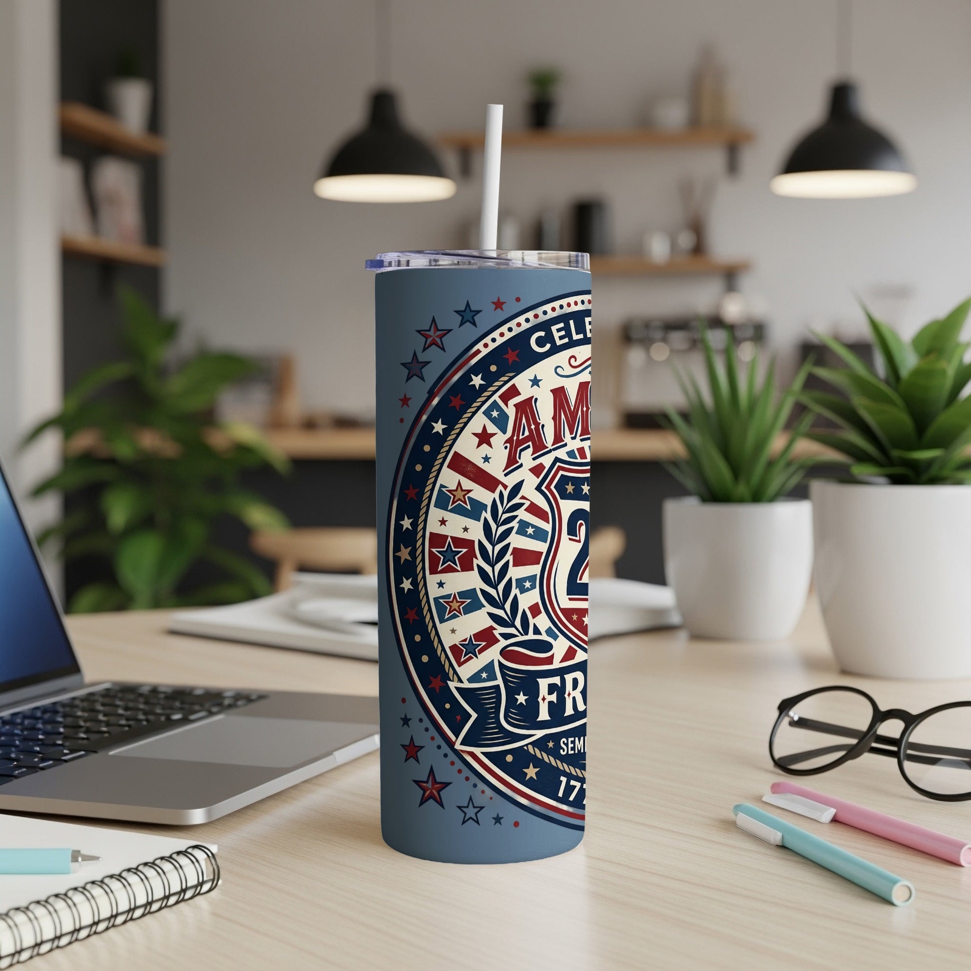 Blue tumbler with "America 250" and patriotic stars and stripes design.