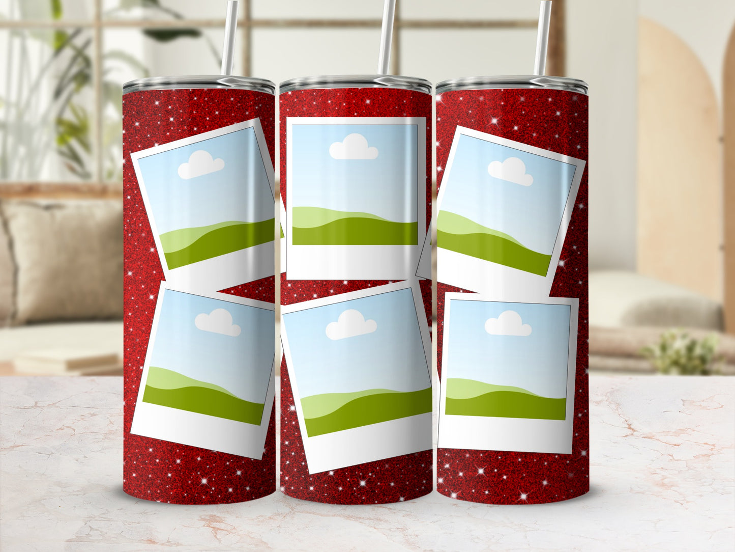 Three red glitter tumblers with white photo frames and placeholder landscape images.