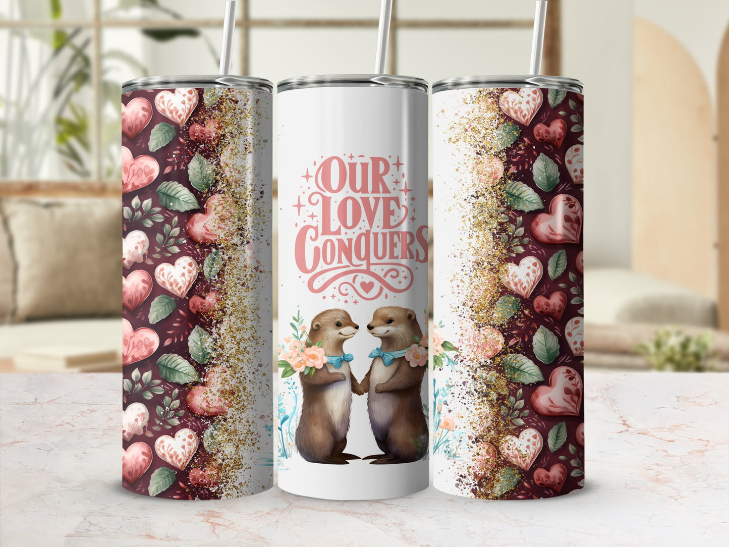 Our Love Conquers Otter Heart Pattern Tumbler