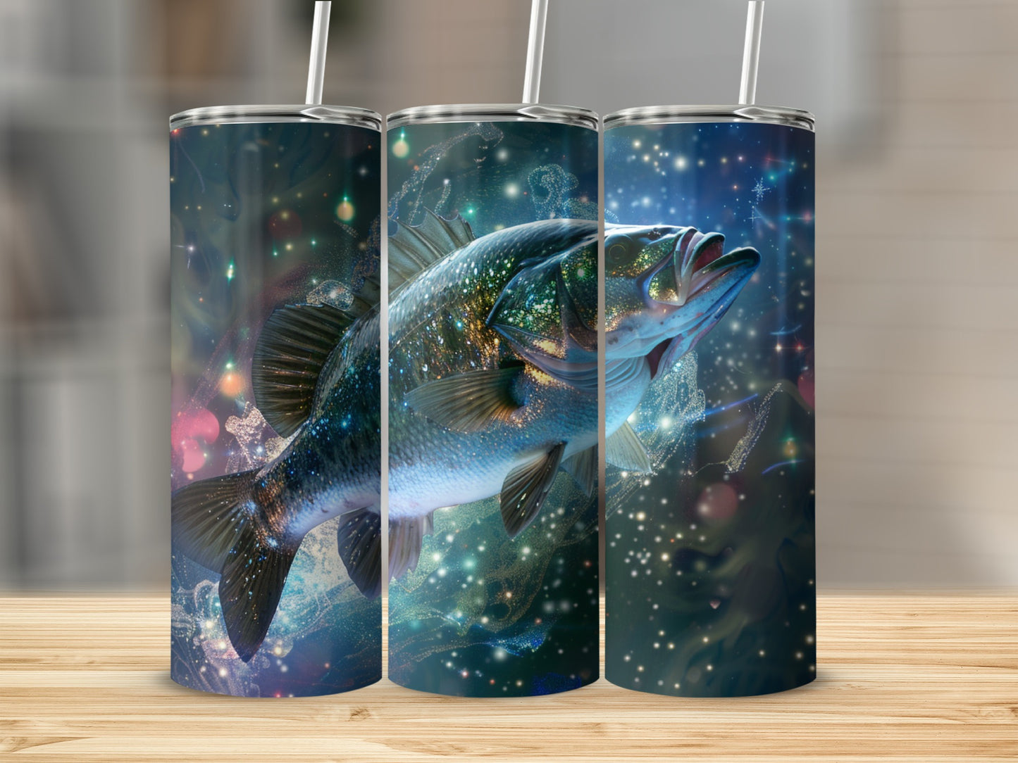 Triptych of a bass fish jumping from sparkling, starry water.