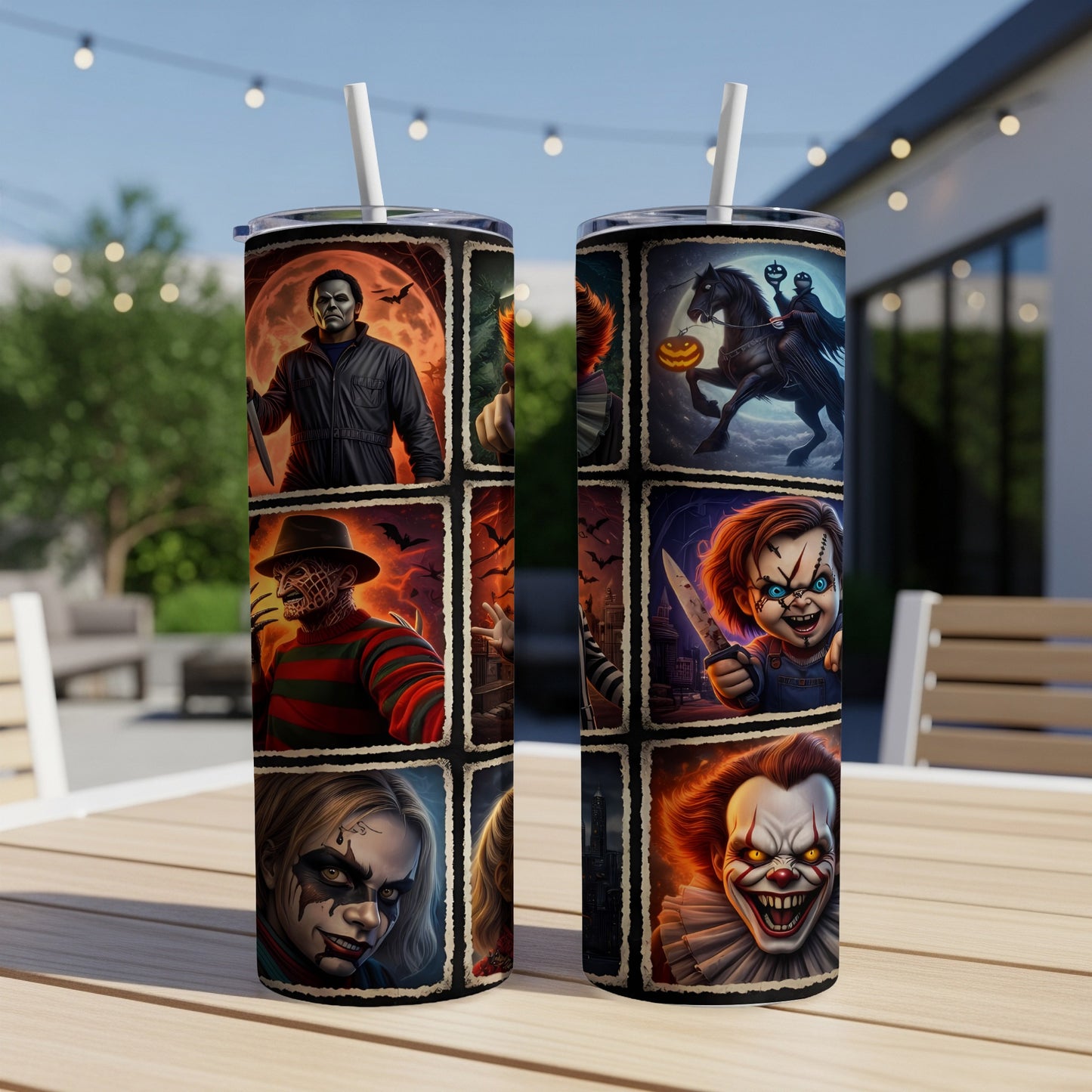 Tumbler with horror movie characters including Michael Myers, Freddy Krueger, Chucky, and Pennywise.