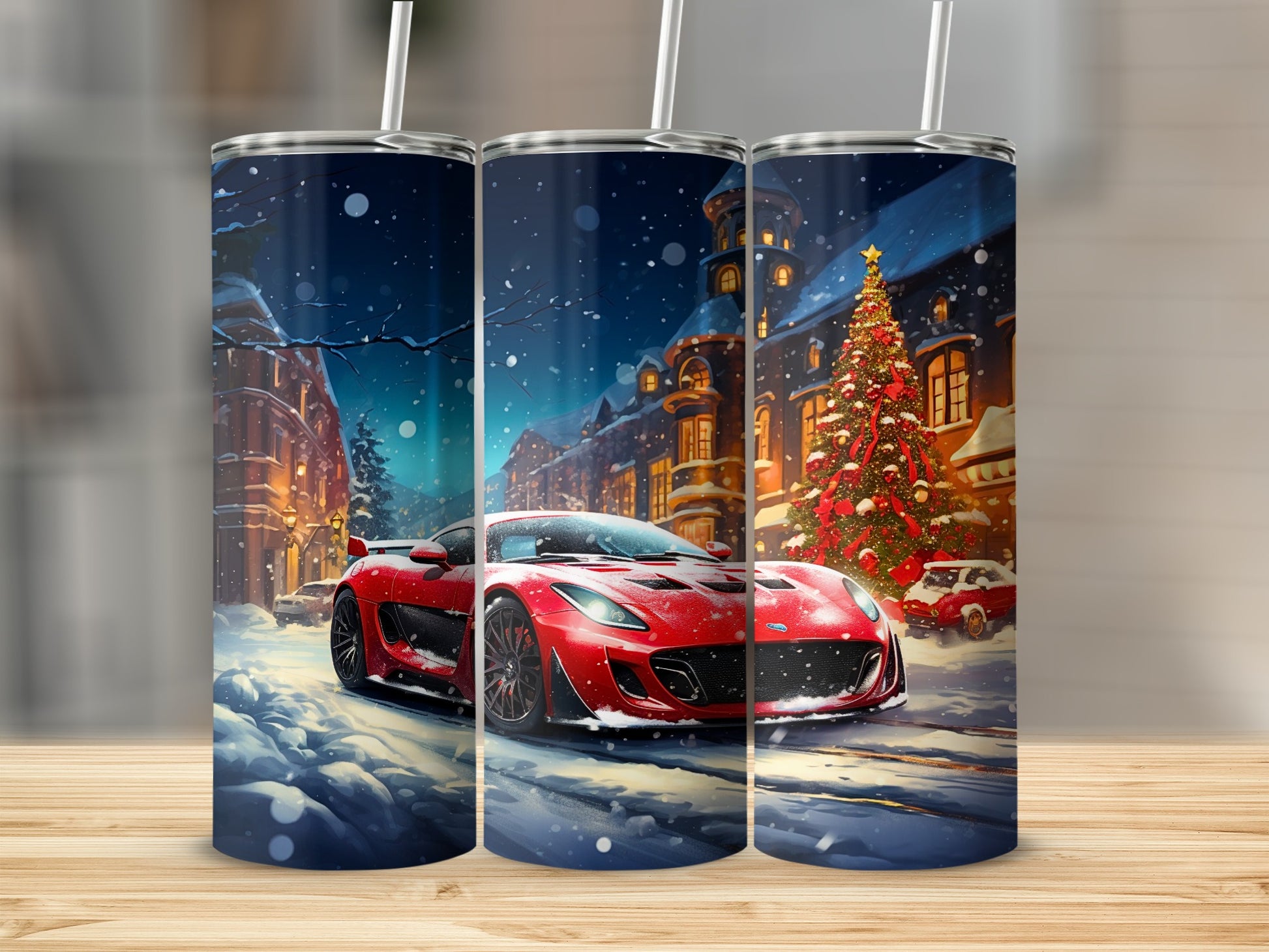 Festive Christmas Scene with Sports Car Tumbler