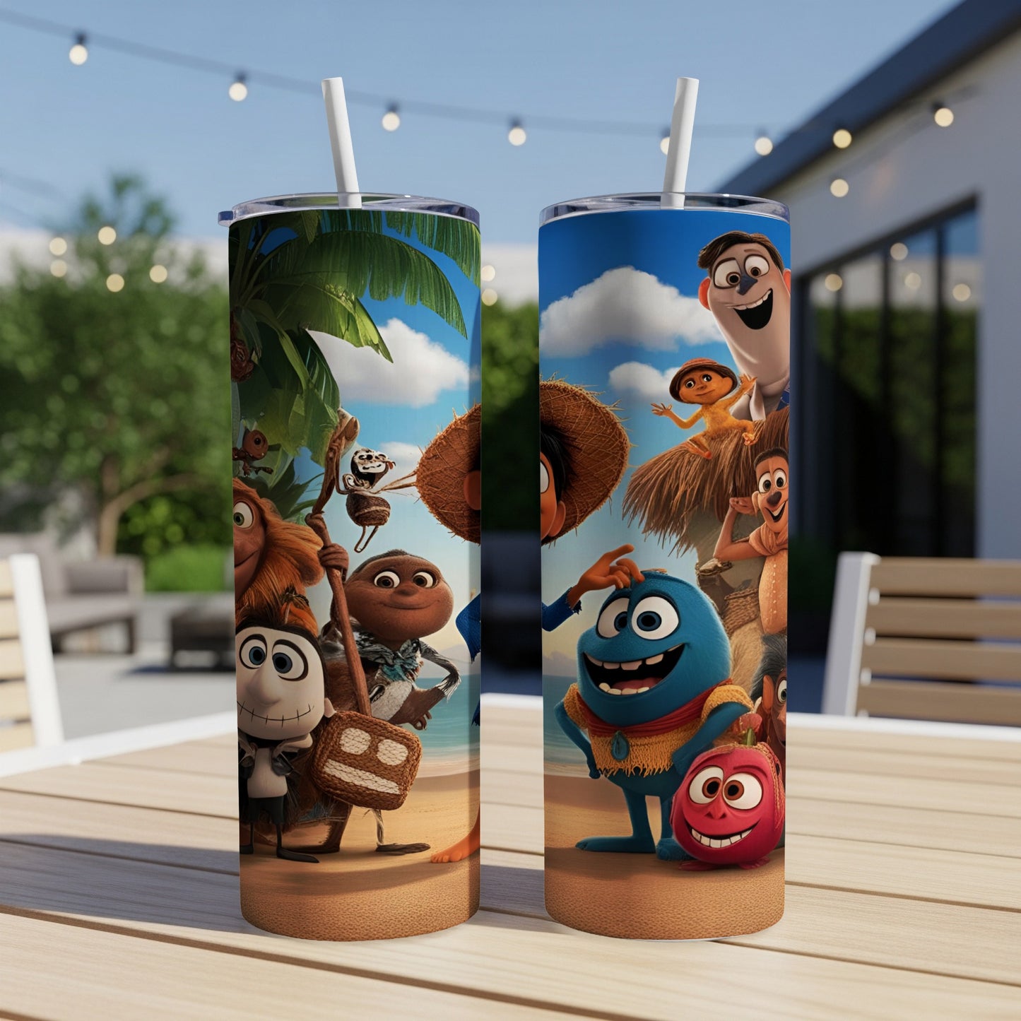 Two tumblers with cartoon characters on a beach scene.