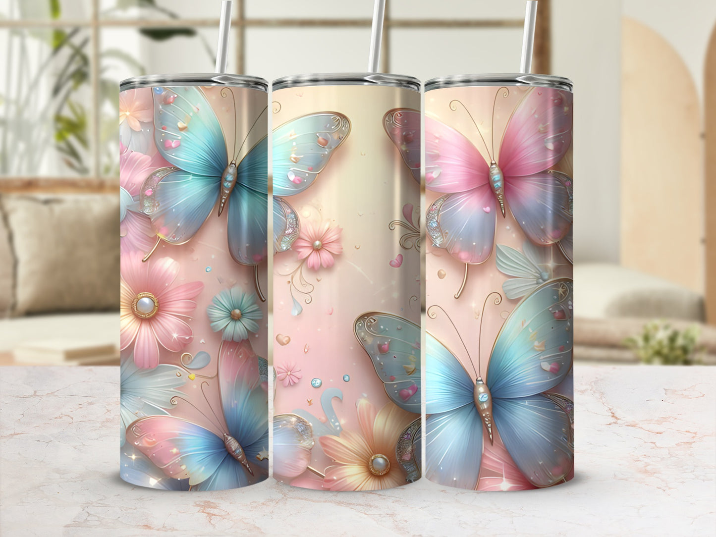 Three tumblers with pastel butterfly and floral designs.