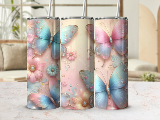 Three tumblers with pastel butterfly and floral designs.