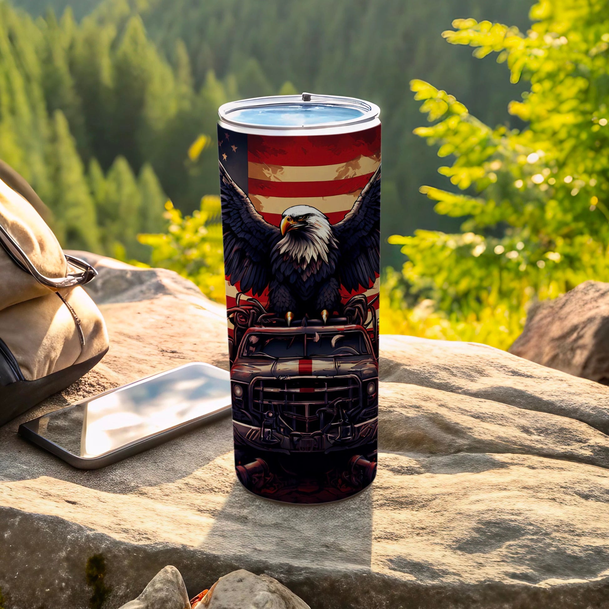 Patriotic tumbler with eagle and flag design on off-road vehicle.
