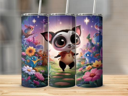 Cute cartoon creature with large eyes on a floral path.