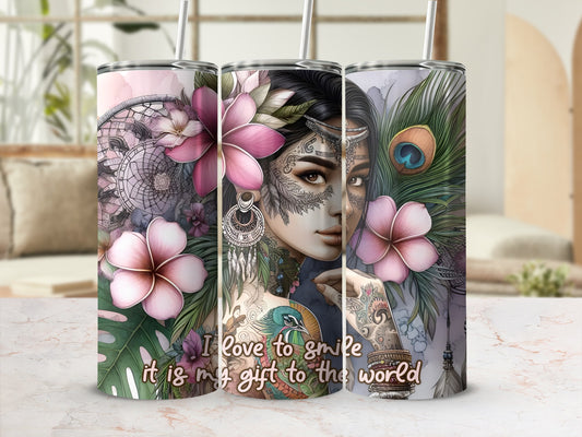 Woman with flowers and peacock feather design on a tumbler.
