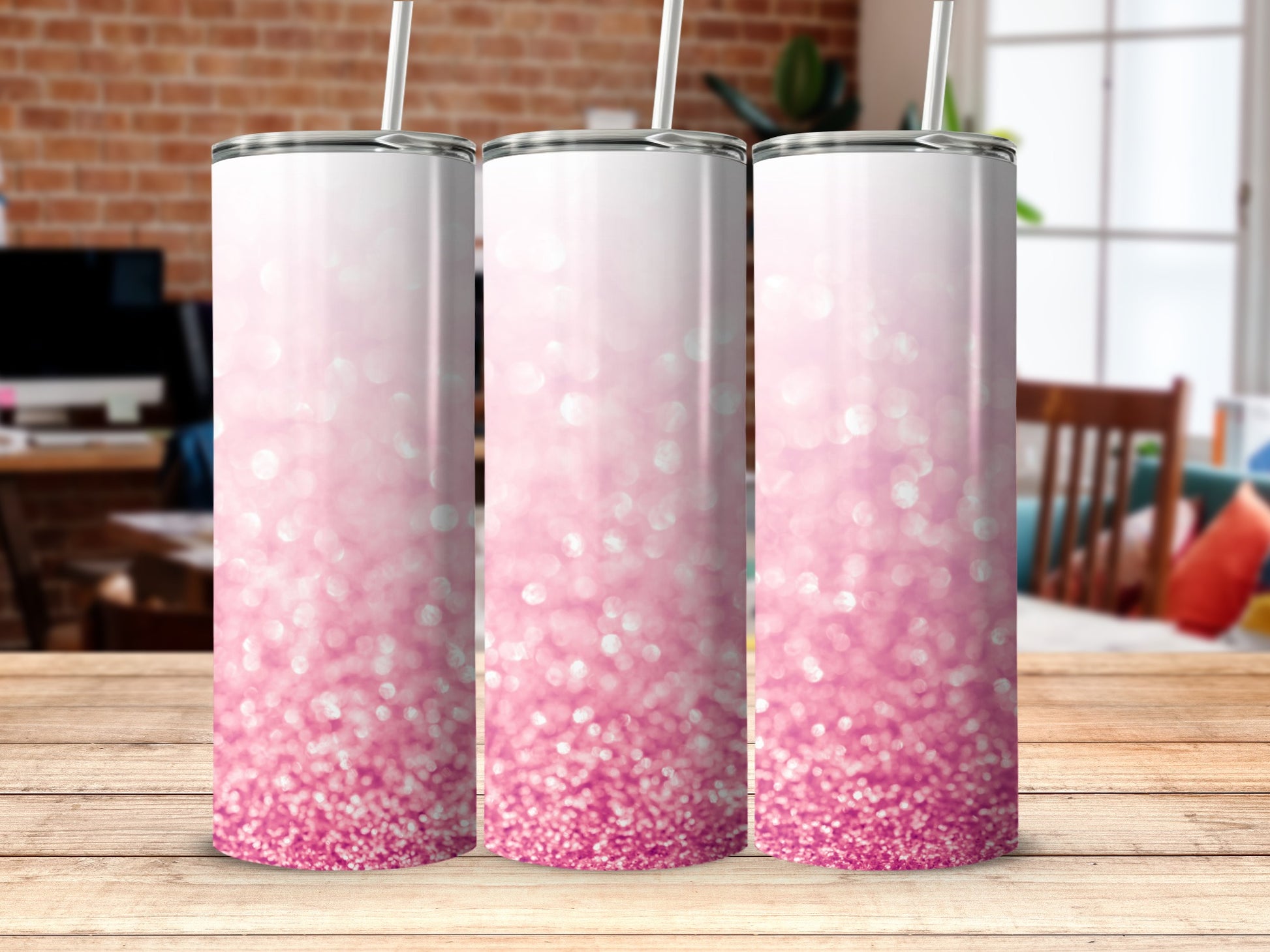 Pink Ombre Sparkle Tumbler with Straw Drinkware