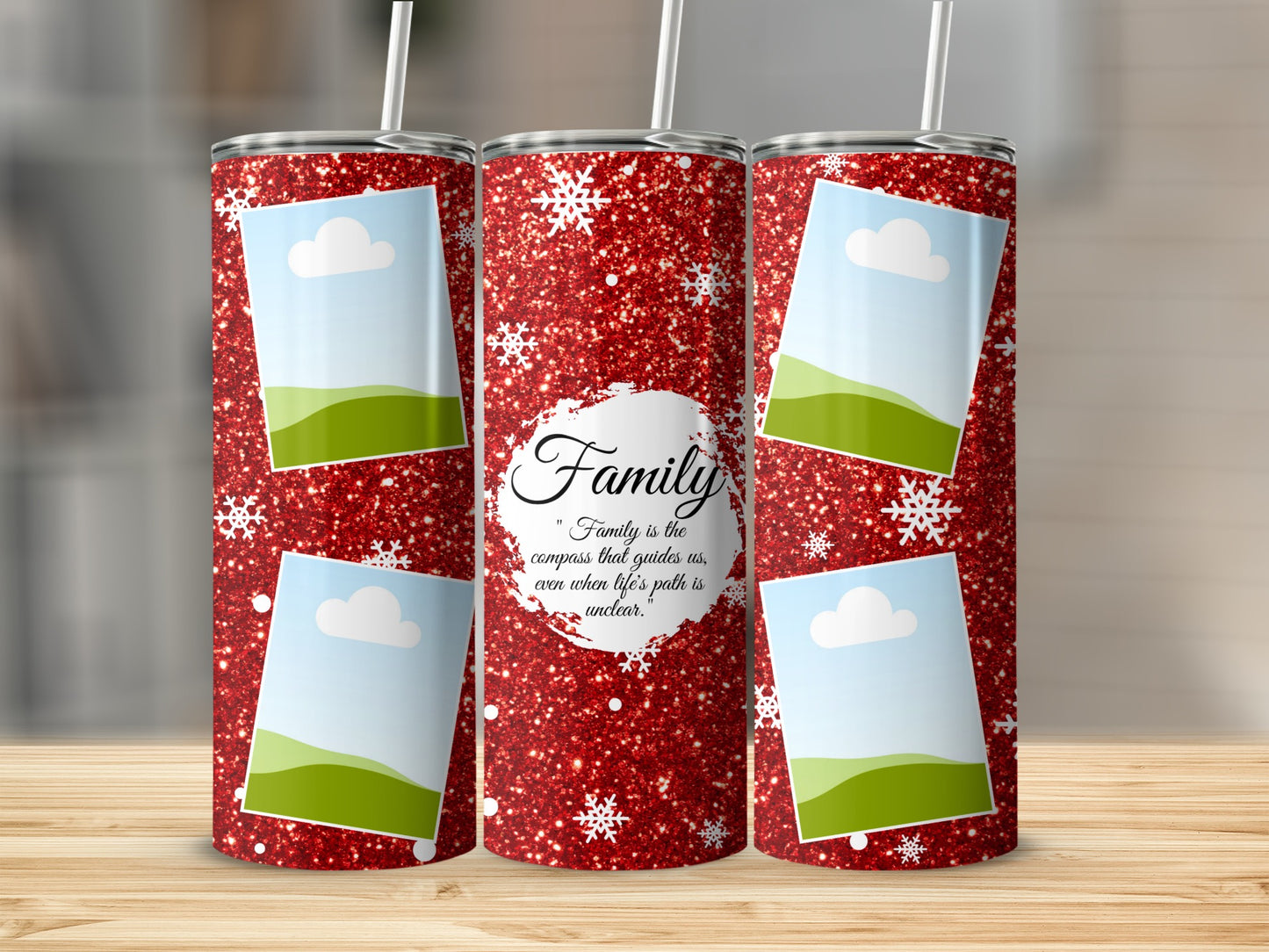 Red glitter tumbler with snowflakes, photo frames, and "Family is the compass" quote.