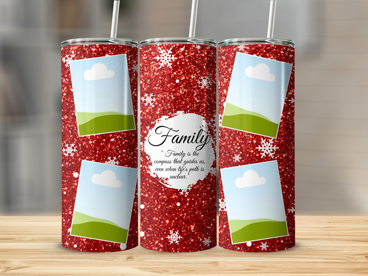 Red glitter tumbler with snowflakes, photo frames, and "Family is the compass" quote.