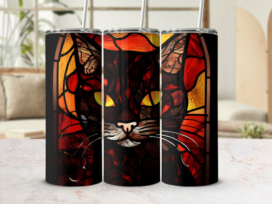 Black cat stained glass tumbler with straw.